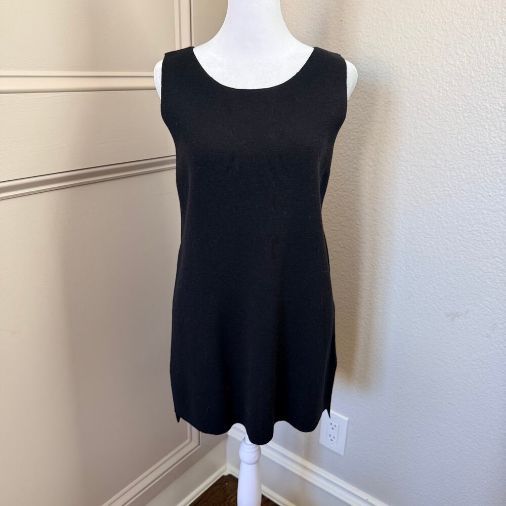 Eileen Fisher System 100% Wool Black Split Hem Sleeveless Top Size S Capsule